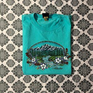 Vintage 90s Prairie Mountain Brand Teal Alaska Single Stitched Destination Tee
